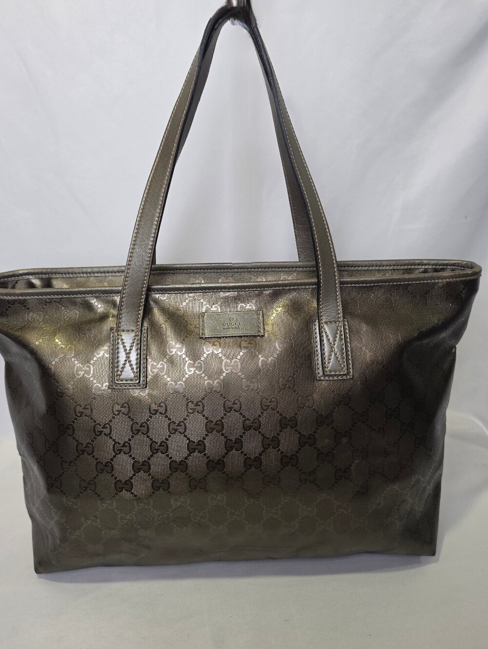 Authentic Gucci GG Imprimé coated fabric Leather Metallic Khaki Tote Bag Purse - Picture 4 of 14